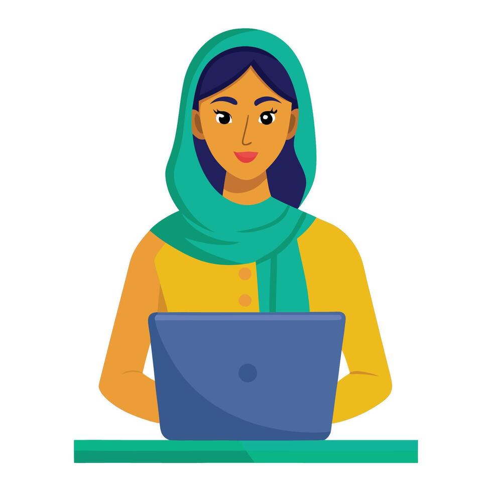 A woman in a hijab is working on a laptop vector