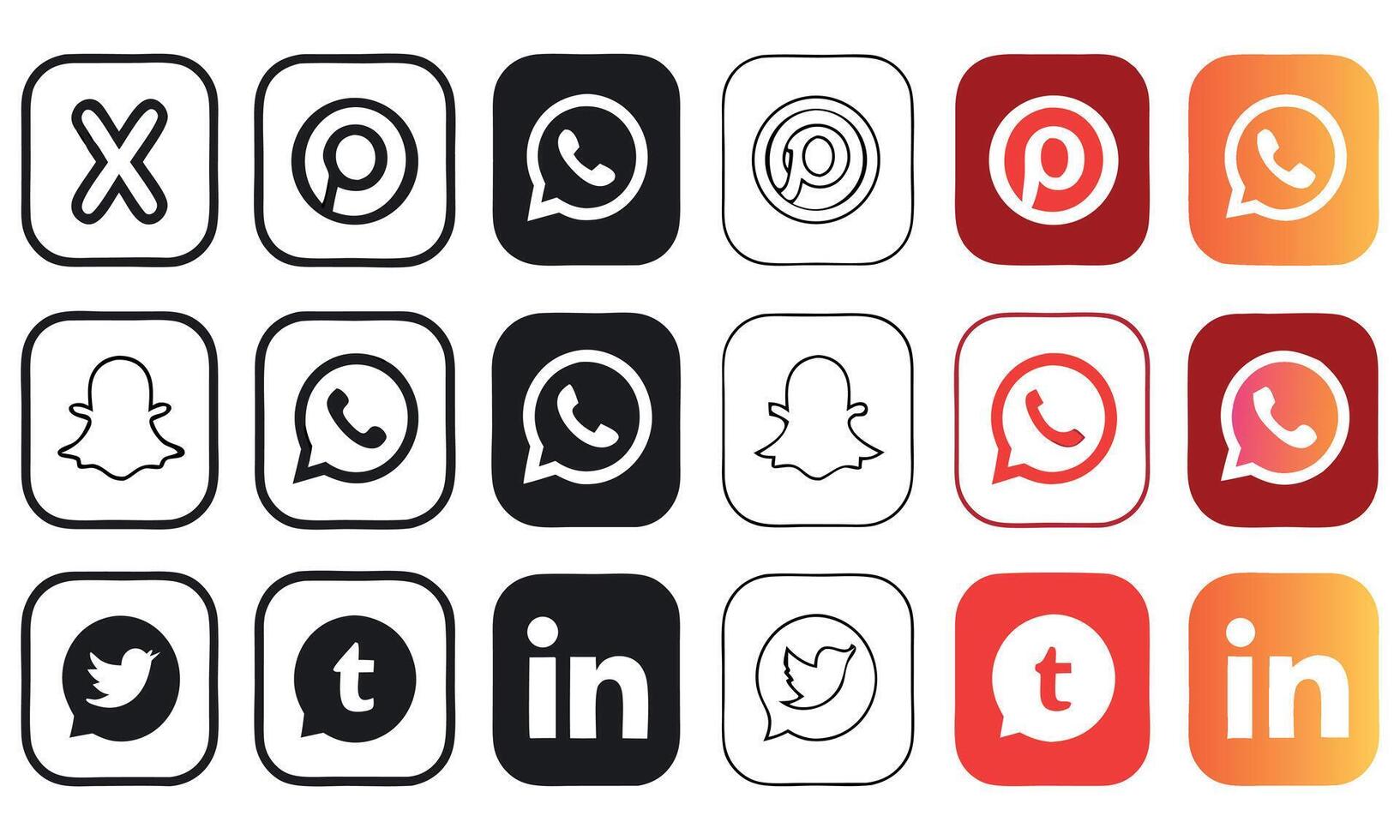 Collection of Social Media Logos Showcasing Diverse Platforms Such as X, Pinterest, WhatsApp, Snapchat, Twitter, Tumblr, and LinkedIn Branding vector