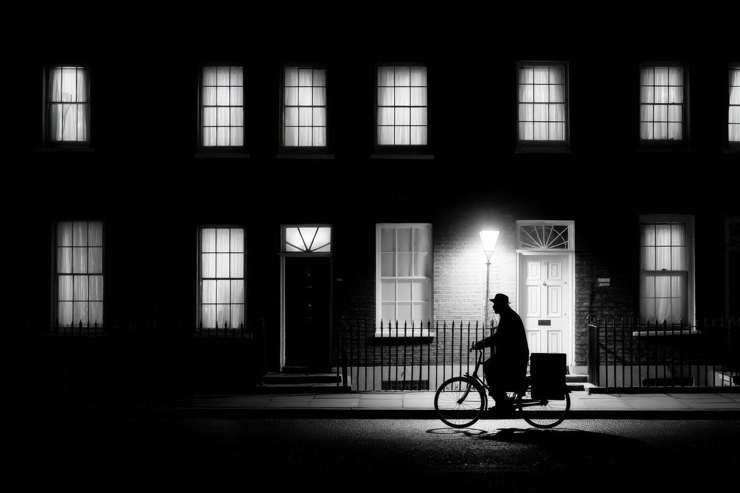 A man on a bicycle is walking down the street at night photo