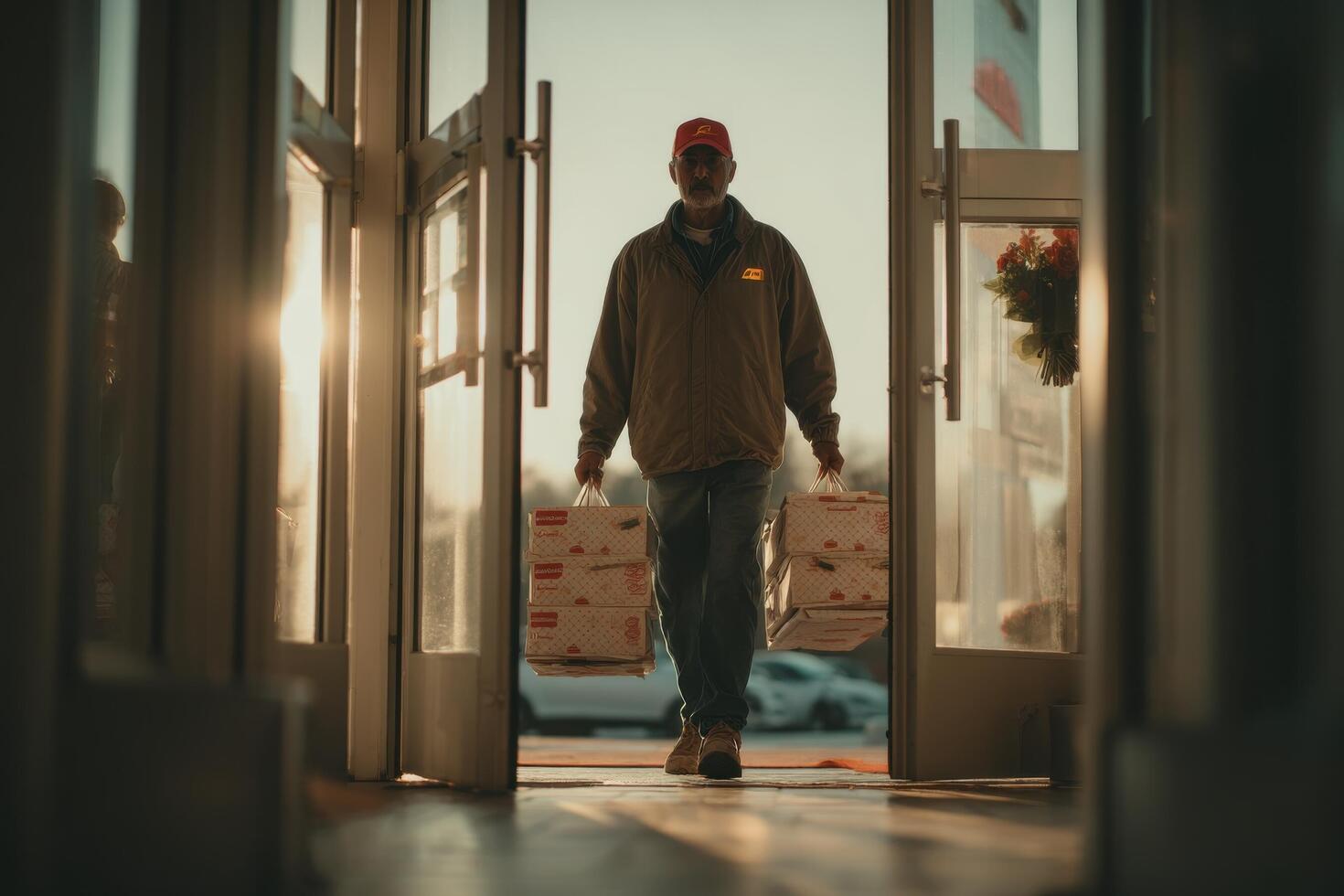 A man carrying two boxes out of an open door photo