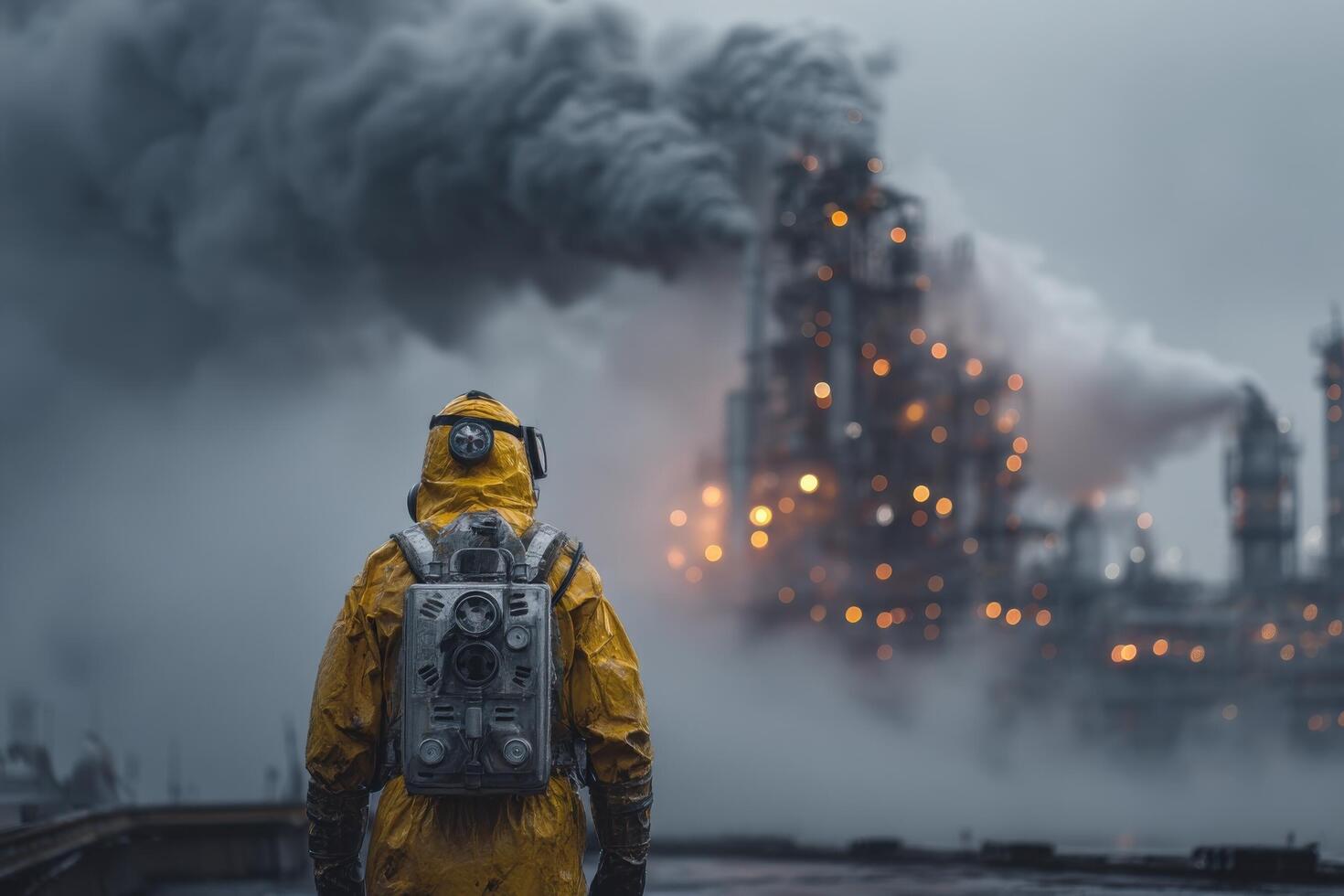 A man in a yellow rain suit standing in front of an oil refinery photo