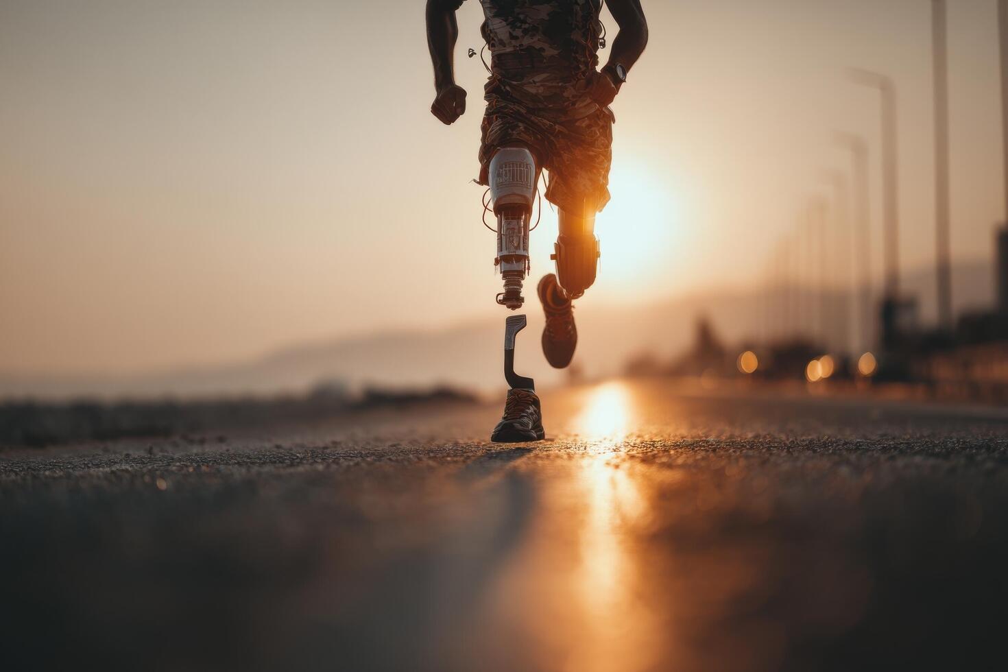 A man with prosthetic legs running on a road photo