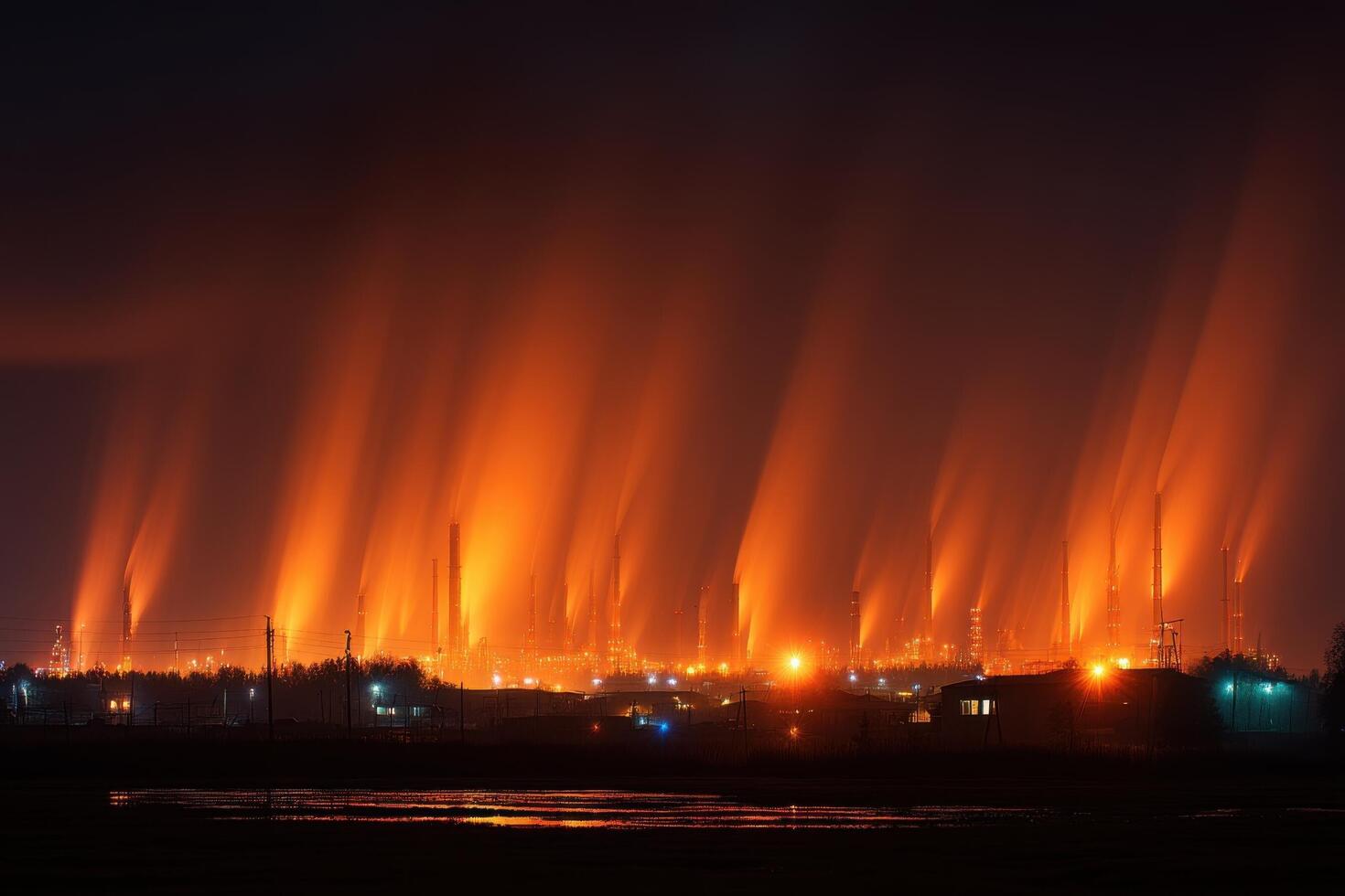 A large factory with smoke coming out of it at night photo