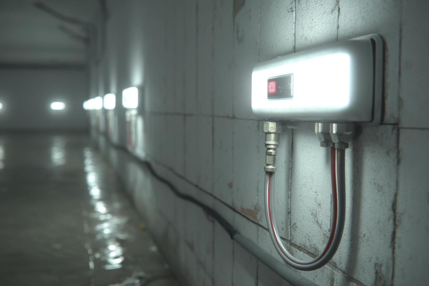 A row of lights in a dark room photo