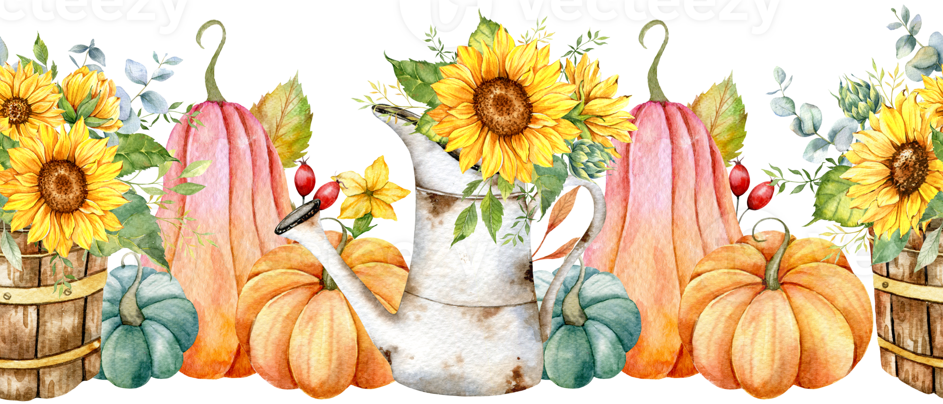 Fall Garland with Pumpkins, Sunflowers and Leaves. Fall Seamless Horizontal Background. Autumn Watercolor Illustration. Fall Flower Design. Fall Botanical garland seamless. Border Frame png