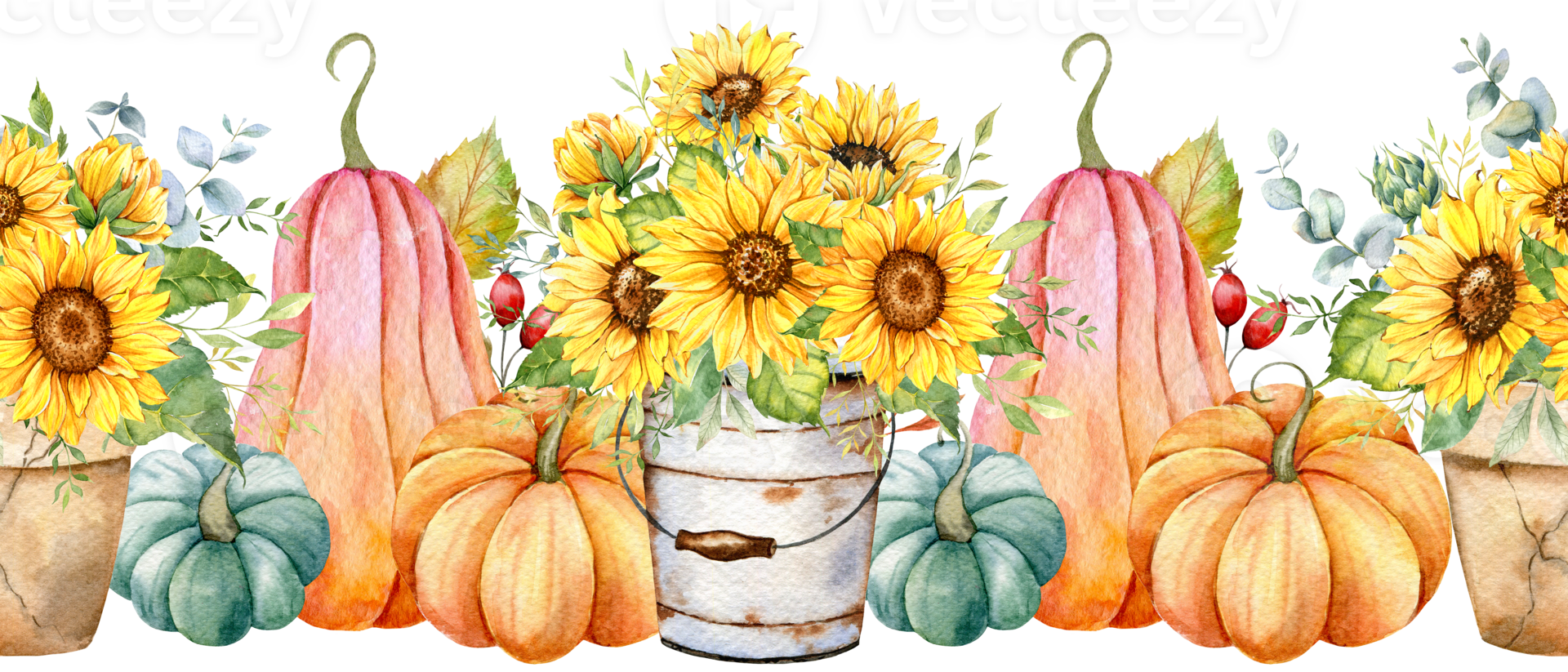 Fall Seamless Garland with Pumpkins, Sunflowers and Leaves. Fall Seamless Horizontal Background. Autumn Watercolor Illustration. Fall Flower Design. Fall Botanical garland seamless. Border Frame png