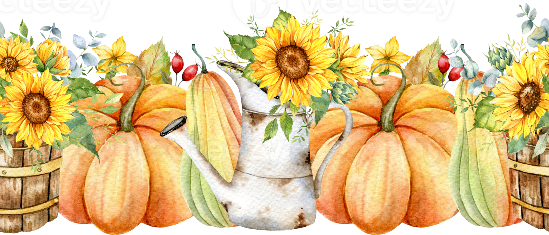 Seamless Fall Garland with Pumpkins, Sunflowers and Leaves. Fall Seamless Horizontal Background. Autumn Watercolor Illustration. Fall Flower Design. Fall Botanical garland seamless. Borders Frame png