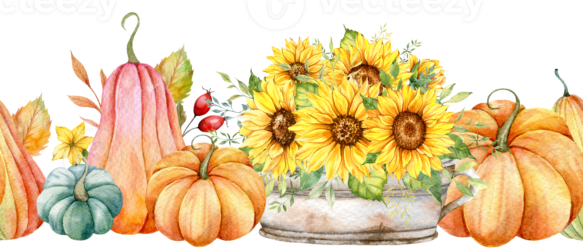 Seamless Fall Garland with Pumpkins, Sunflowers and Leaves. Fall Seamless Horizontal Background. Autumn Watercolor Illustration. Fall Flower Design. Fall Botanical garland seamless. Border Frame png