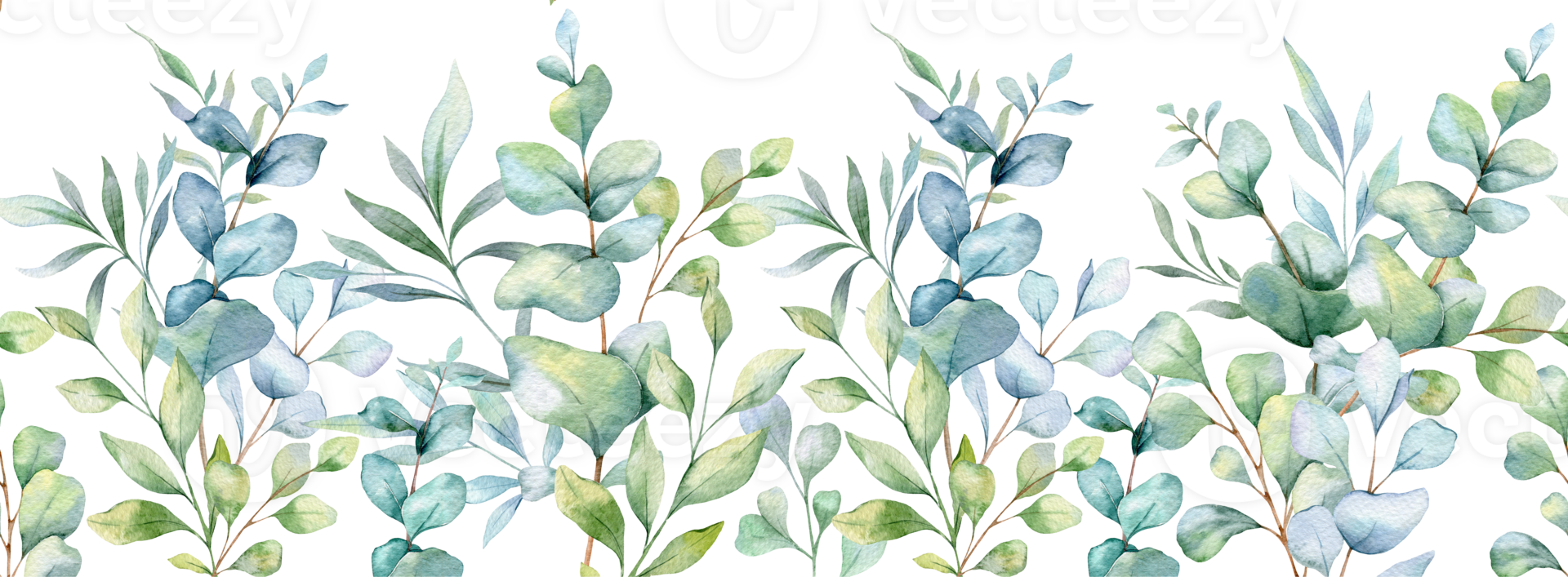 Eucalyptus Design with Greenery. Botanical Seamless Horizontal Background. Eucalyptus Watercolor Illustration. Eucalyptus Branches Design. Greenery garland seamless. Eucalyptus Border Frame png