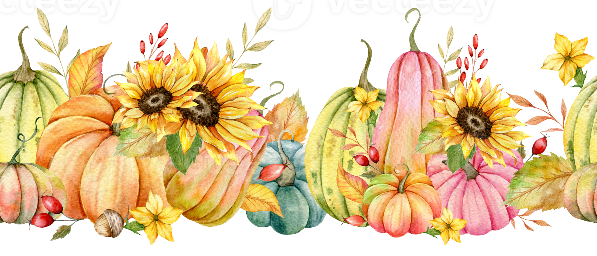 Seamless Fall Garland with Pumpkins, Sunflowers and Leaves. Autumn Seamless Horizontal Background. Autumn Watercolor Illustration. Fall Flower Design. Fall Botanical garland seamless. Border Frame png