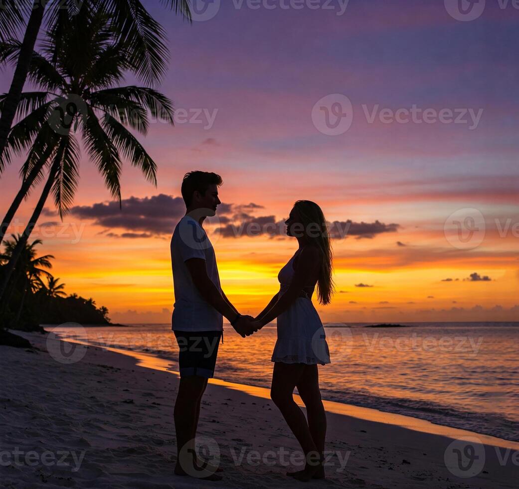 Silhouette couple holding hands on tropical beach at sunset, with palm trees framing vibrant sky. Feelings of love, vacation, honeymoon, engagement, propose marriage, romance travel, and lifestyle. photo