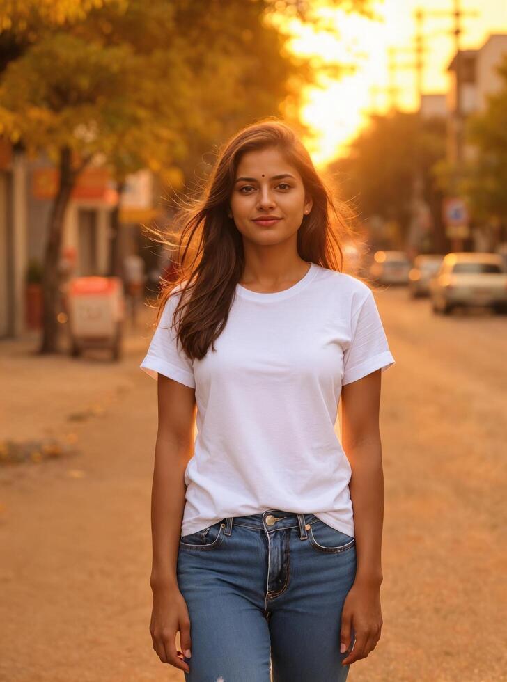 indian model in white tshirt front view evening time photo