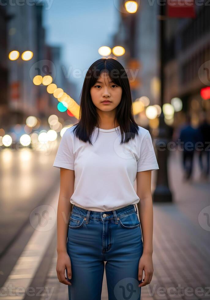 young asian woman in white tshirt and jeans standing on street photo
