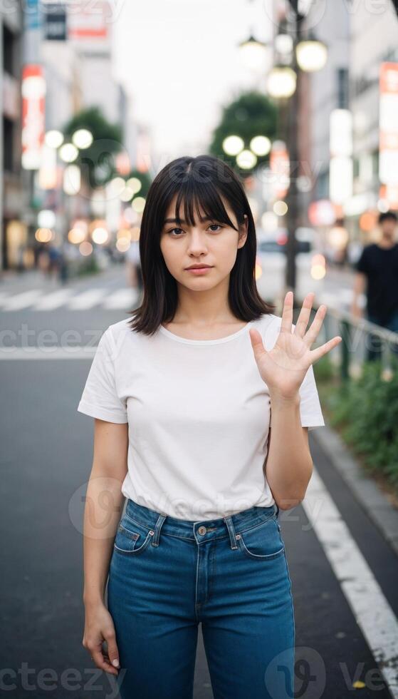 Woman in white round neck plain tshirt showing five fingers on a street photo