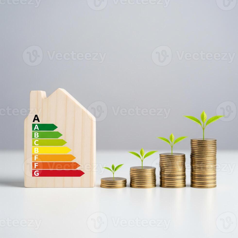 Wooden house with energy efficiency rating and growing money plants photo