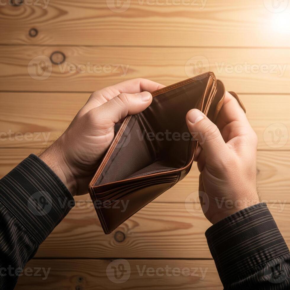 Man holds an empty wallet showing financial hardship and lack of money photo