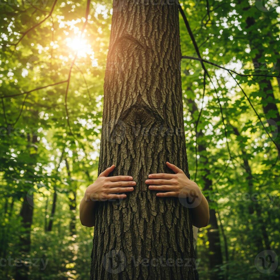 Person hugging a large tree trunk in a sunlit forest with green foliage photo
