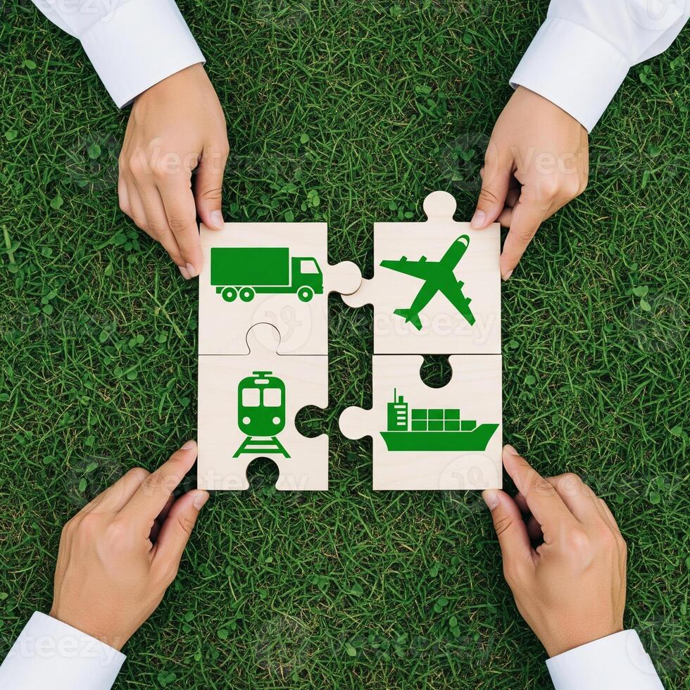 Hands assembling a logistics puzzle with truck train airplane and ship icons on grass photo