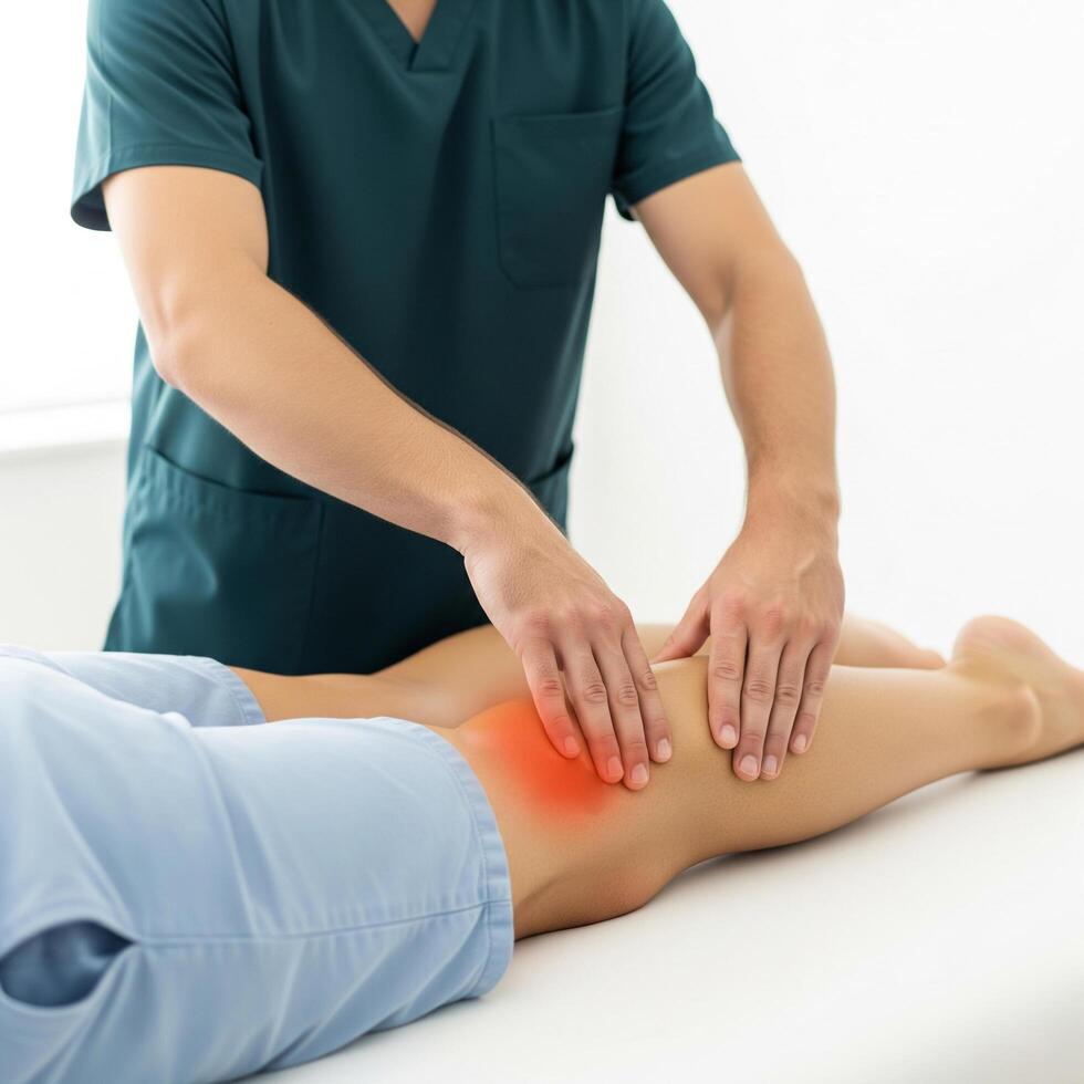 Therapist massaging patient s leg highlighting area of discomfort photo