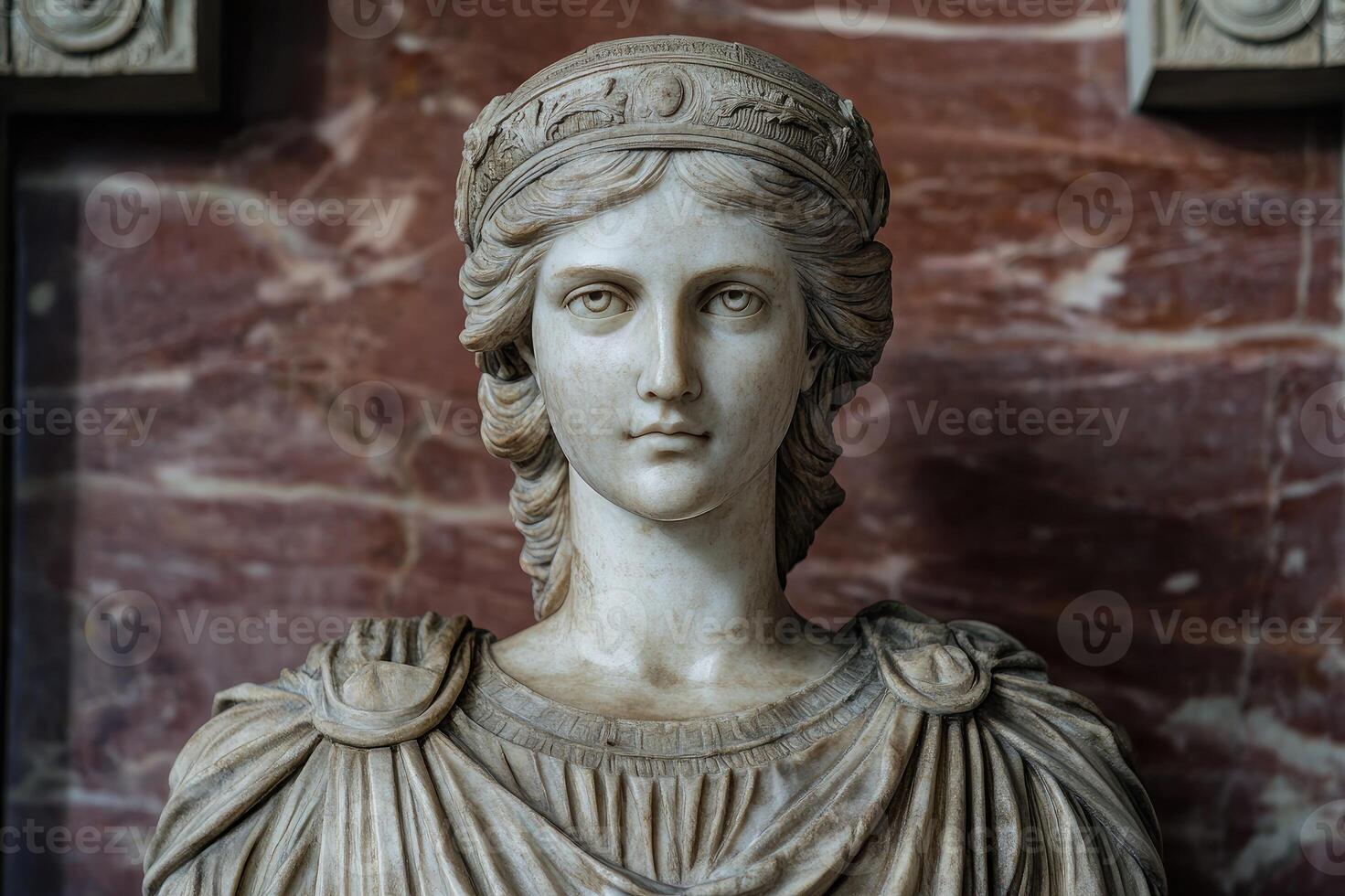 White marble bust of woman wearing laurel wreath crown photo