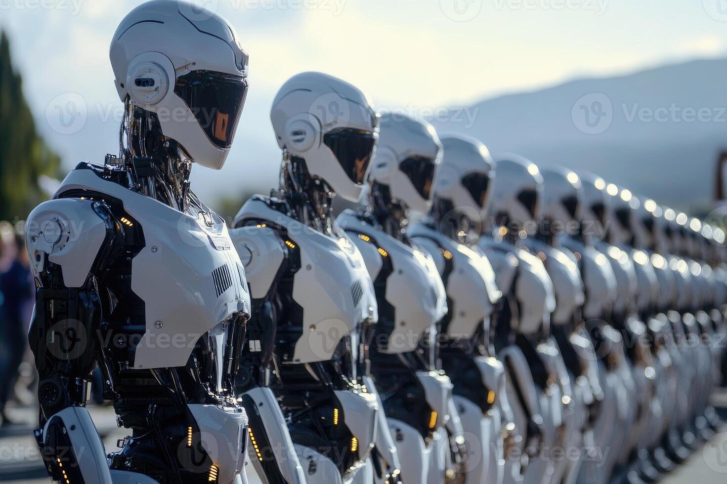 White robots standing in line showing artificial intelligence power photo
