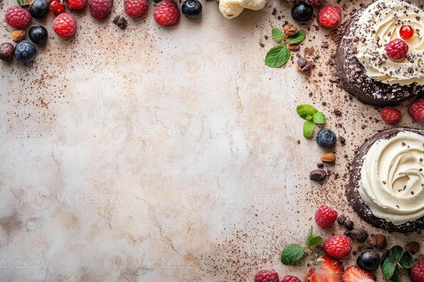 Delicious chocolate cakes with whipped cream, berries, and mint leaves creating a frame on beige surface photo
