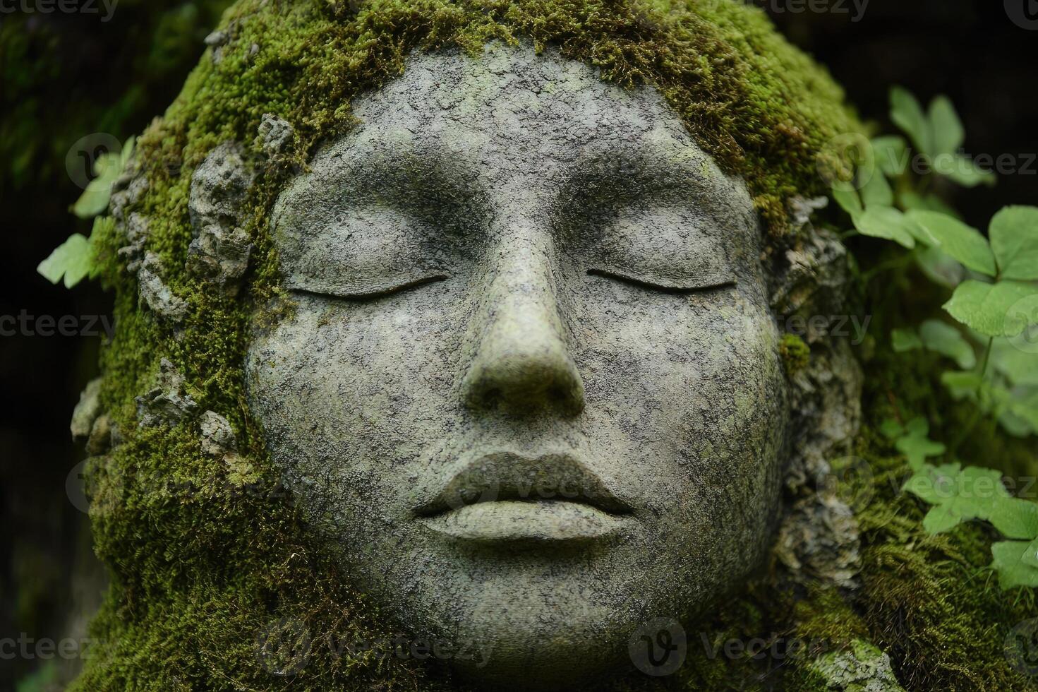 Stone face covered in moss conveys serenity and peace photo