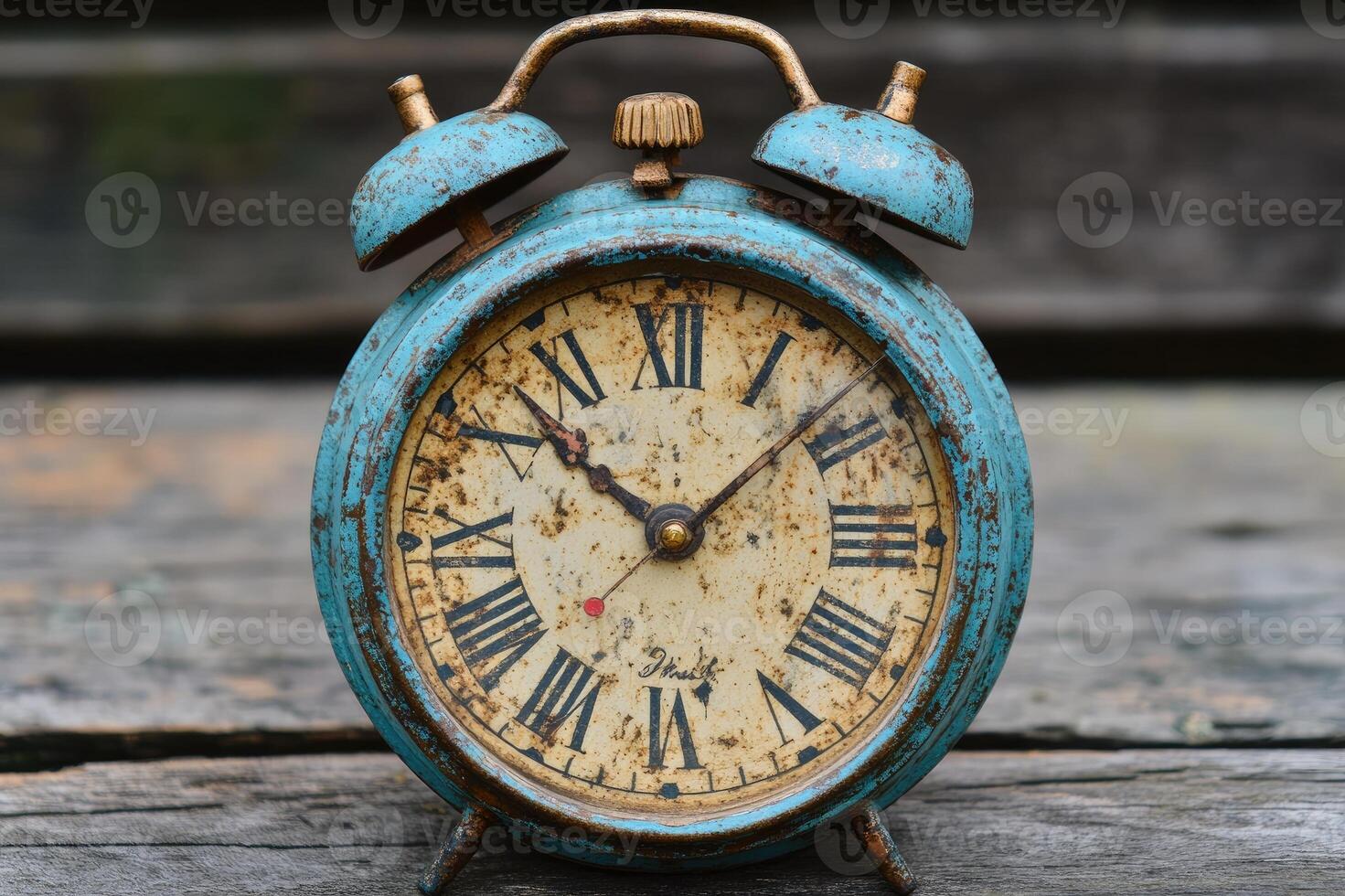 Old blue alarm clock showing time on wooden surface photo