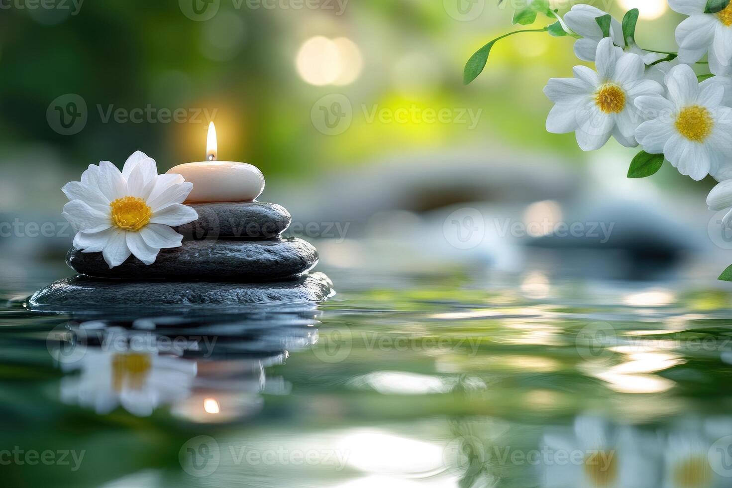 Burning candle on stack of zen stones creating harmony and balance photo