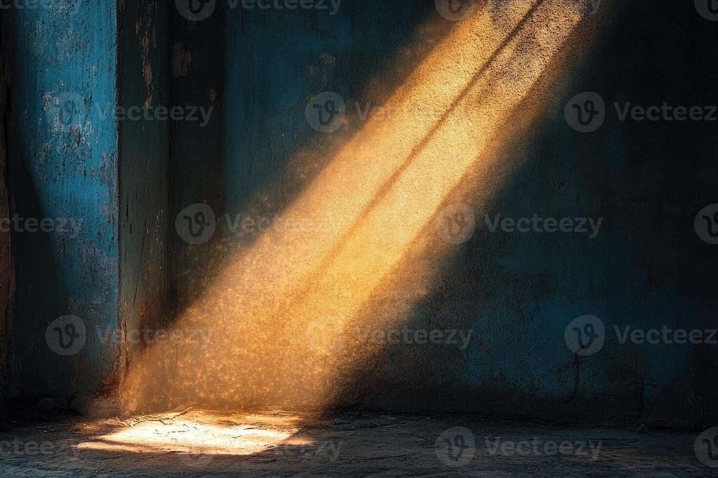 Sunlight illuminating dusty corner of abandoned room through window, creating atmospheric scene photo
