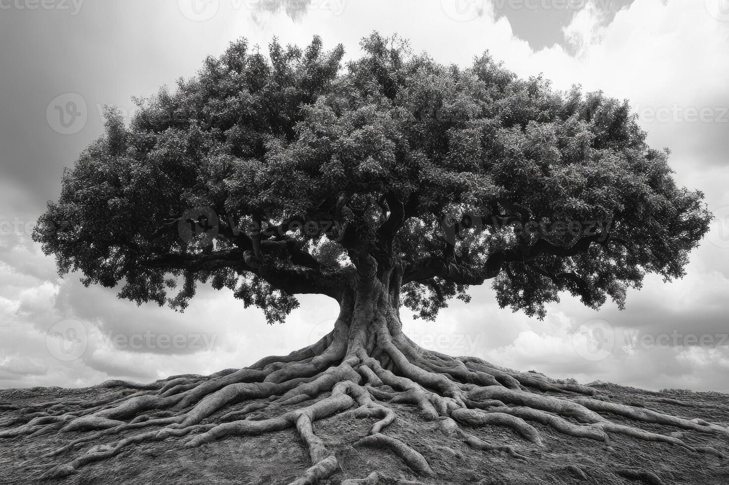 Majestic tree with large roots standing on a hill under cloudy sky in black and white photo