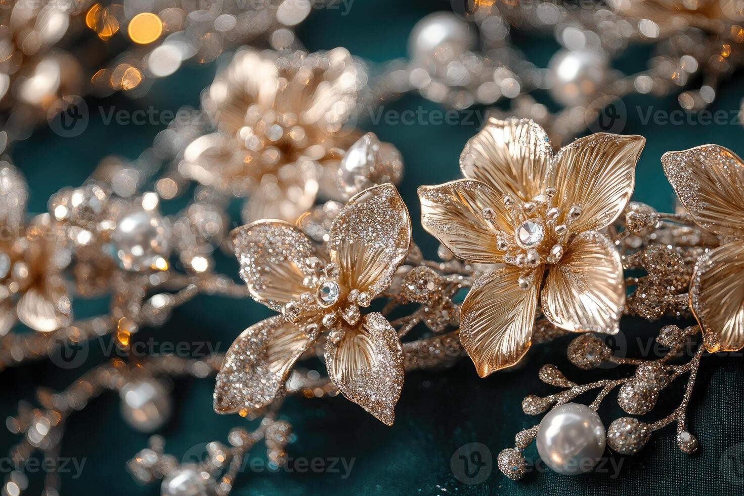 Golden flower hair ornament shining on teal background photo