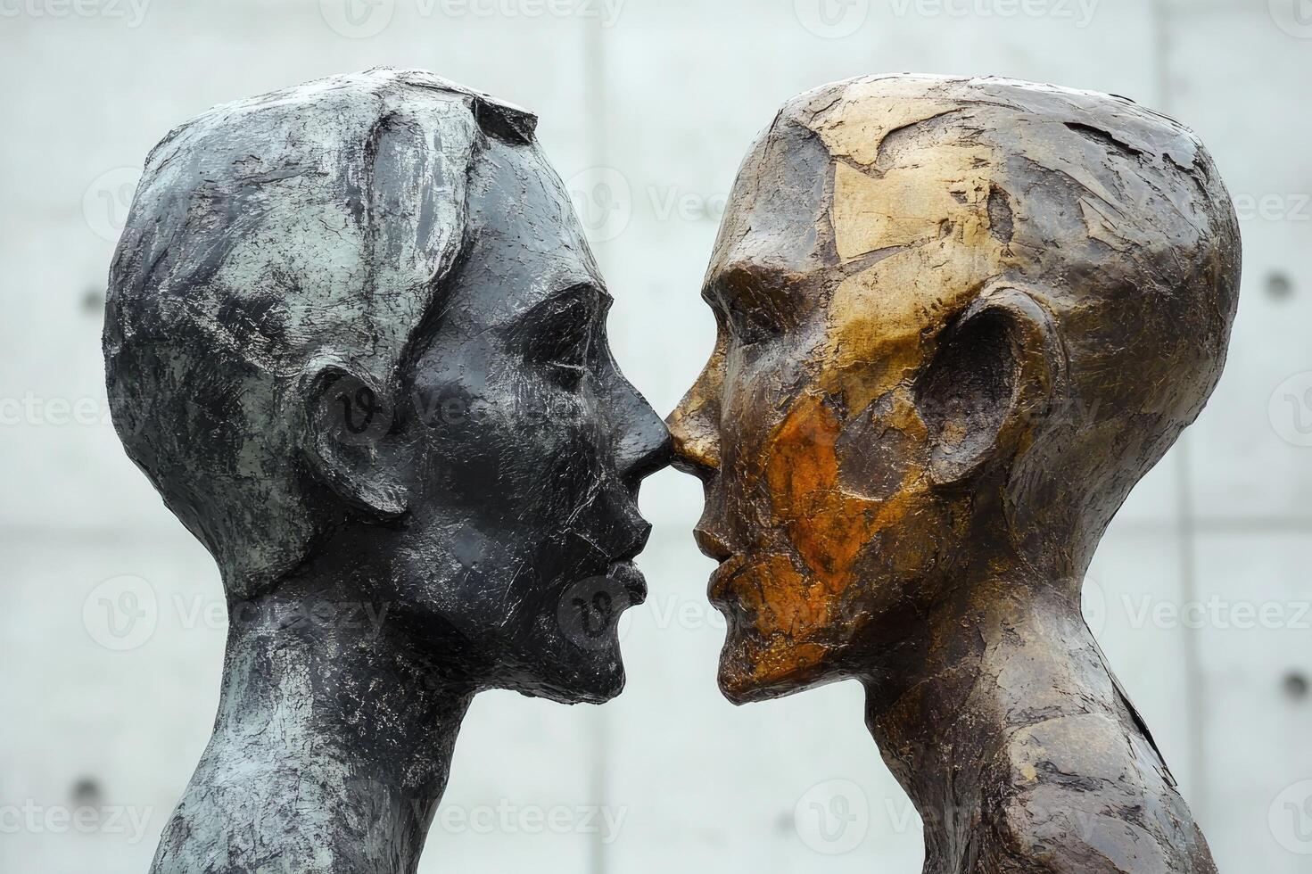Two sculptures touching noses representing love and connection photo