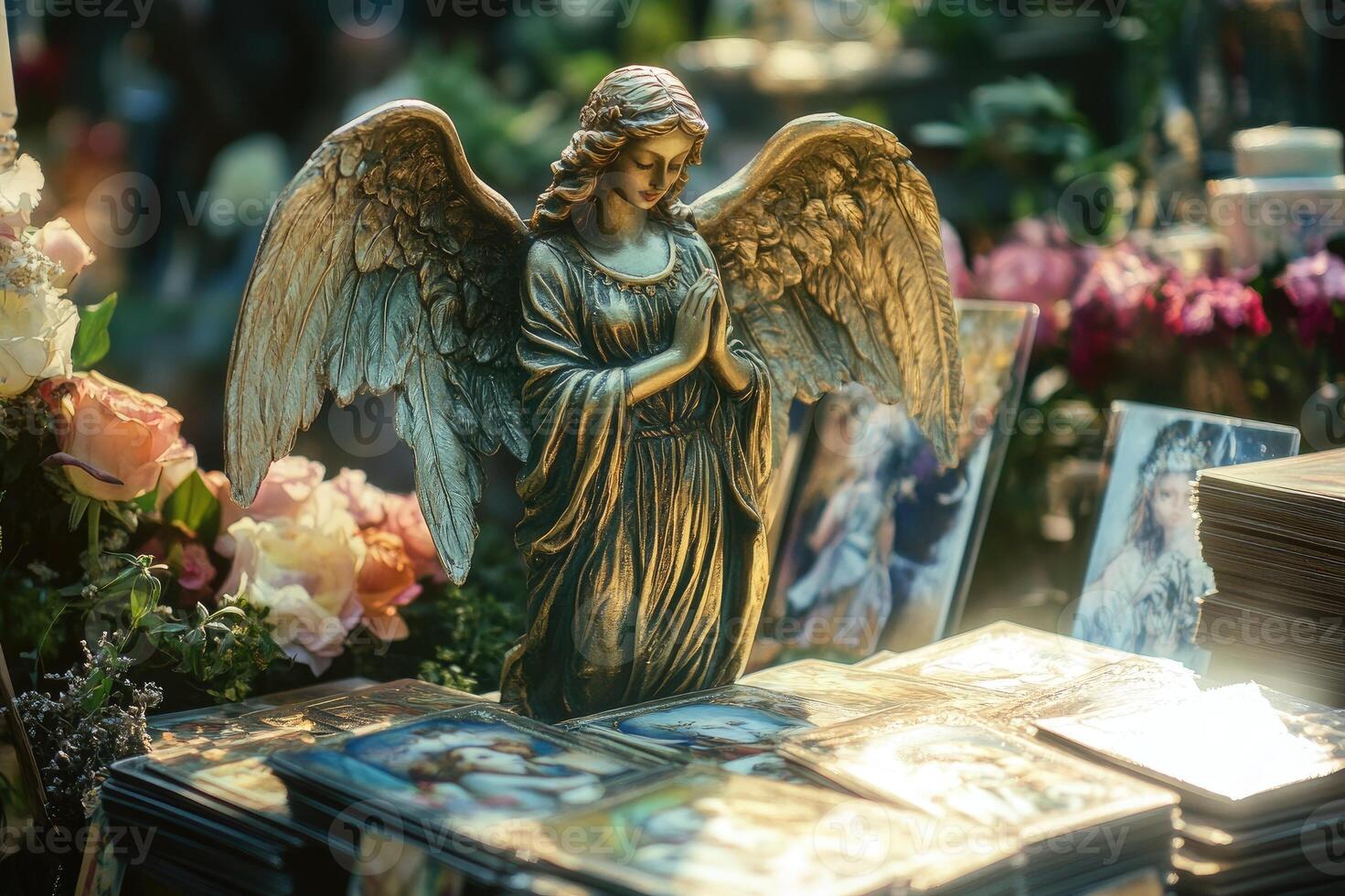 Golden angel figurine praying among religious images and flowers photo