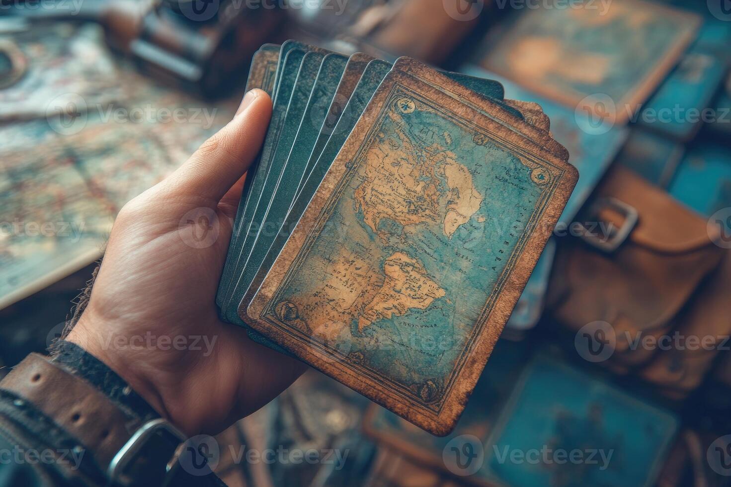 Traveler holding antique world map cards in his hand photo