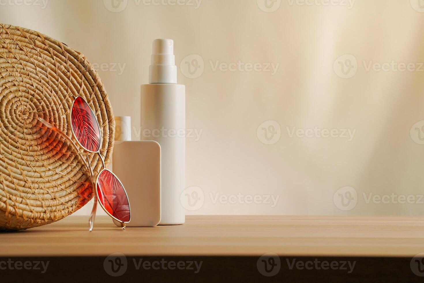 Elegant arrangement of a bag, sunglasses, and cosmetic spf bottles on a simple beige backdrop. Lowkey natural concept of summer luxury skincare and protection, warm tone minimalist muted photo