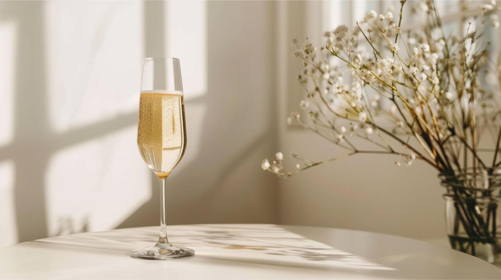 Elegant crystal champagne glasses sit ready for a celebratory toast on the dinner table photo