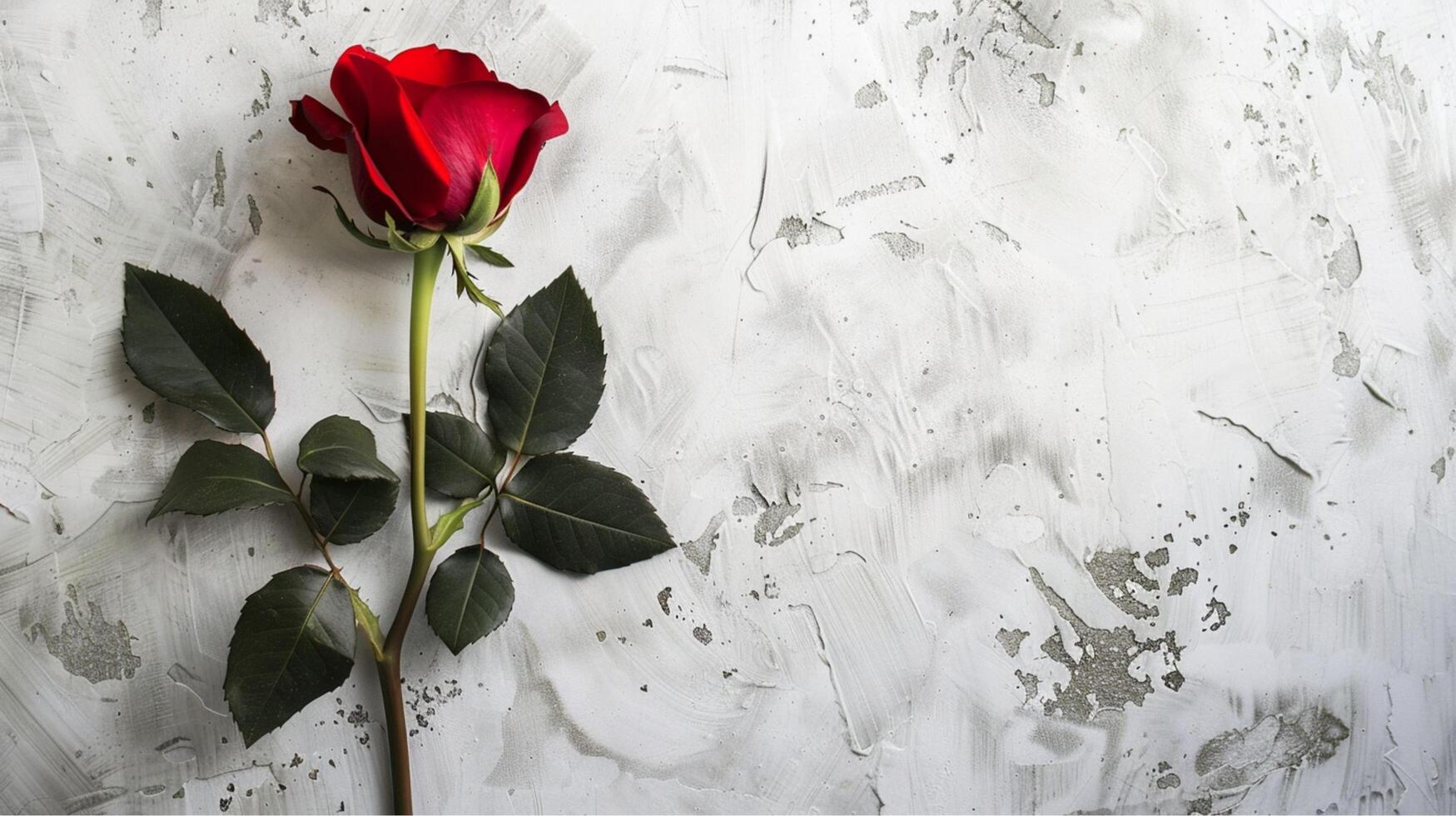 A beautiful single red rose with a vibrant green leaf rests on an old rustic wooden background, symbolizing love and nature photo