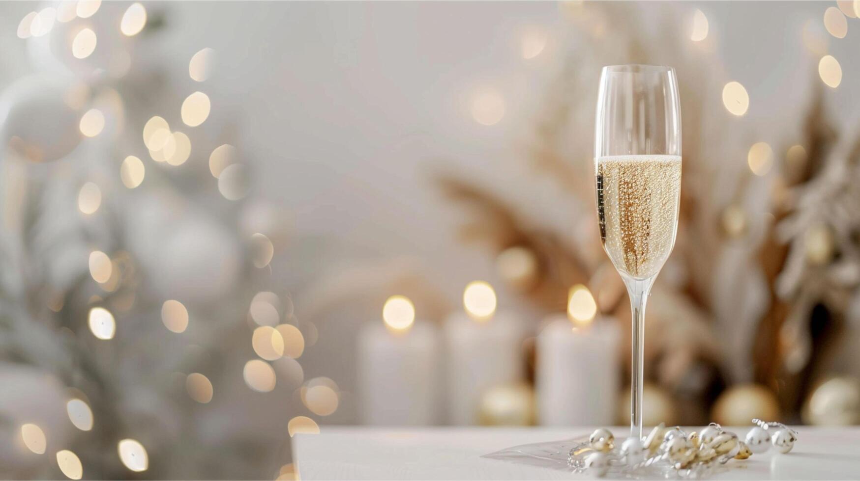 A festive Christmas or romantic wedding table setting with gold decorations, champagne glasses, and wine, ready for a New Year's Eve celebration toast photo