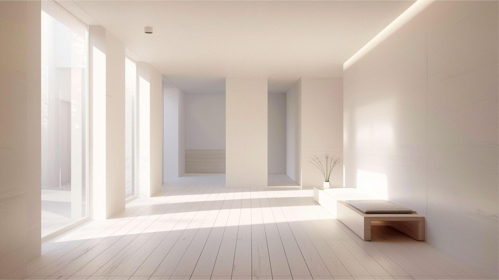 Empty interior of a new room with white walls, wood floor, and a bright window view photo