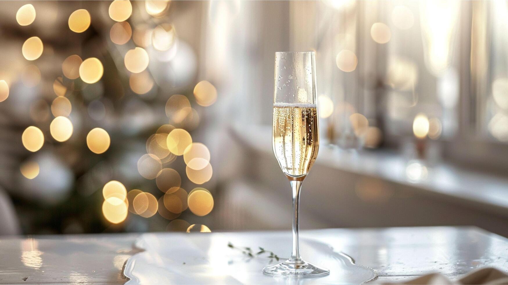 Golden glasses of champagne adorn a festive Christmas table setting, ready for holiday celebration photo