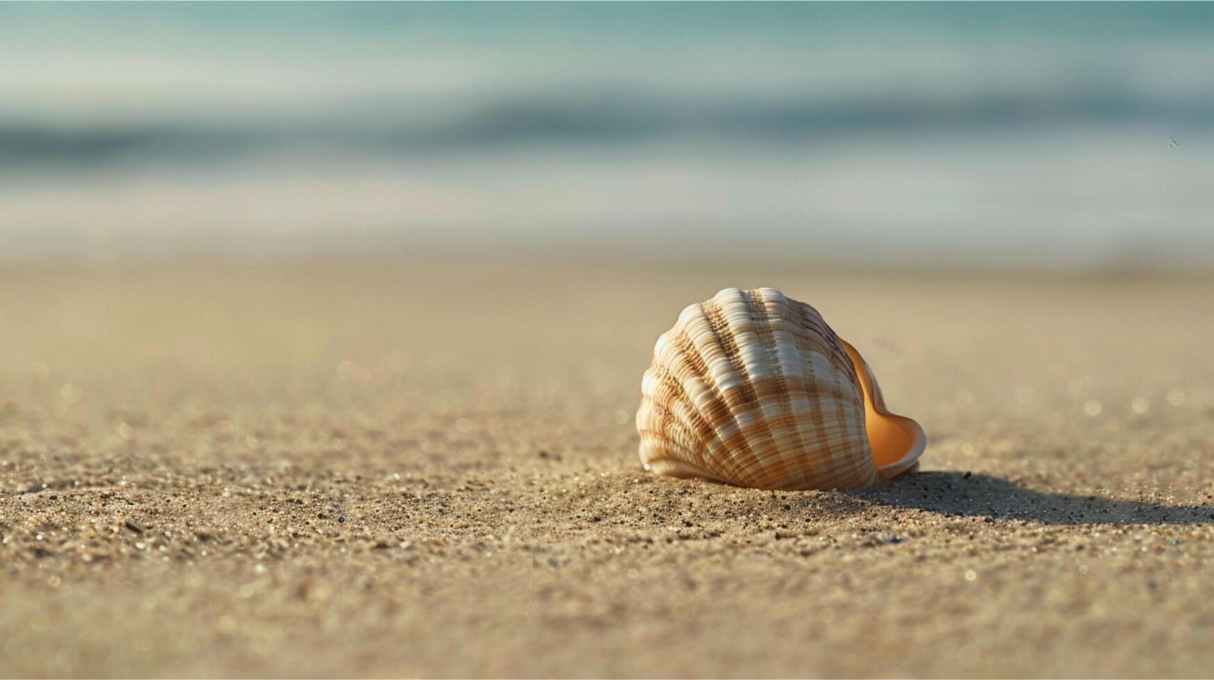 A lone seashell rests on the sun-kissed sand of a tropical beach, touched by ocean waves under a summer sky photo