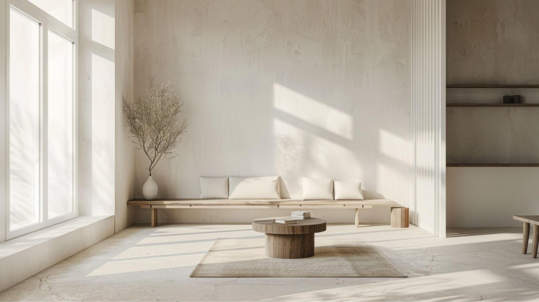 Contemporary home interior design that emphasizes a modern living room with luxurious wooden floors and chic glass windows. photo