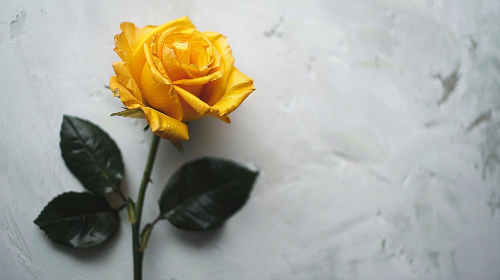 A single blooming yellow rose, the beauty of nature's romance, stands alone on a bare concrete background. photo