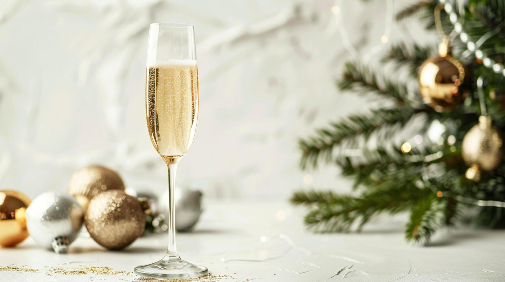 Two champagne glasses sparkle beside a festive Christmas tree, ready for a New Year's celebration photo