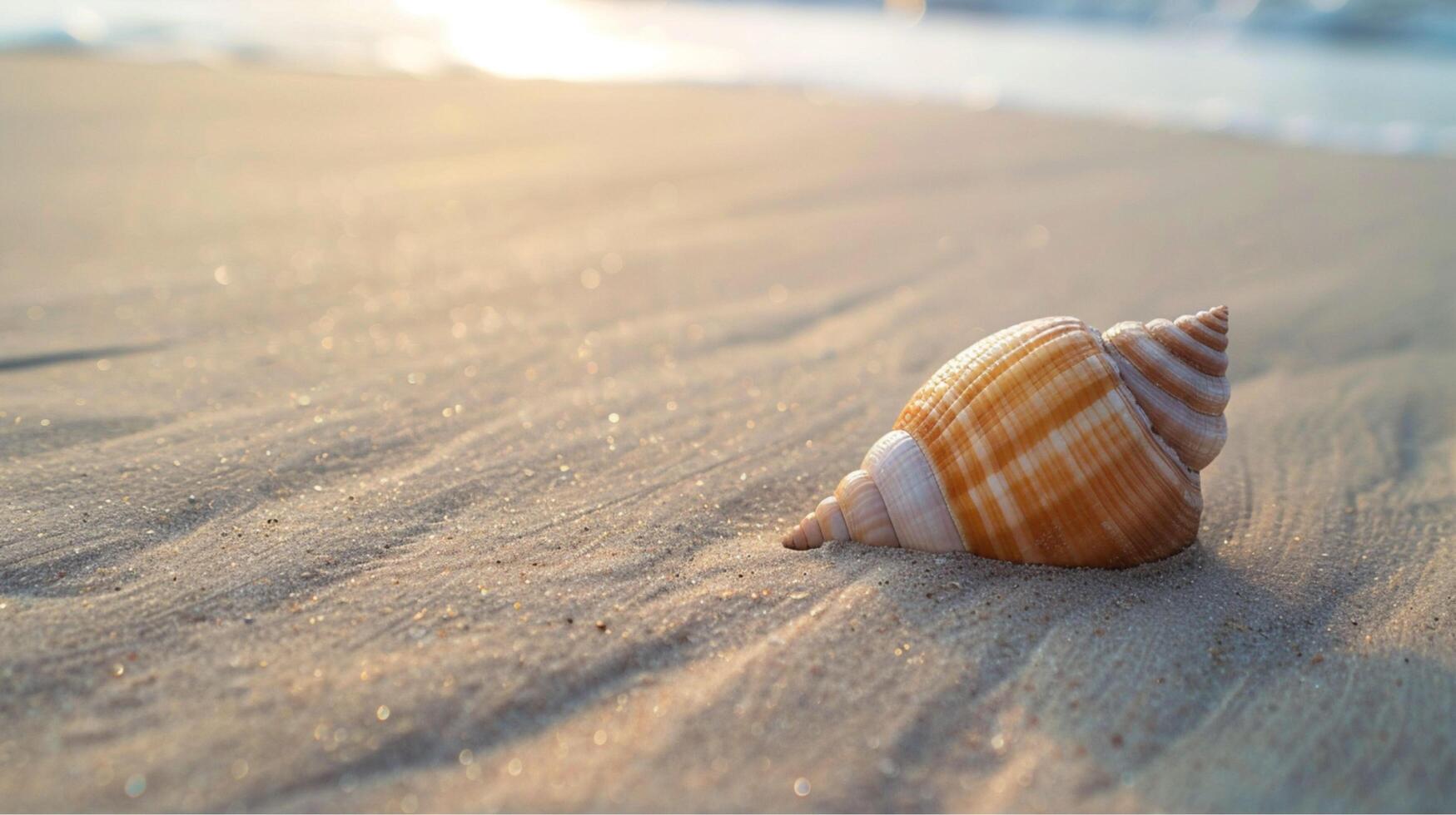 A pristine white seashell rests on the golden sand, inviting summer travel along the tropical ocean coast photo