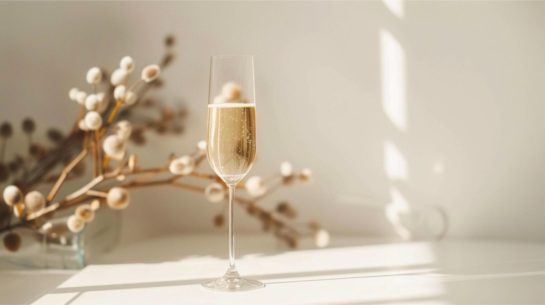Elegant crystal champagne glasses adorn a festive wedding table setting, ready for a celebratory toast photo