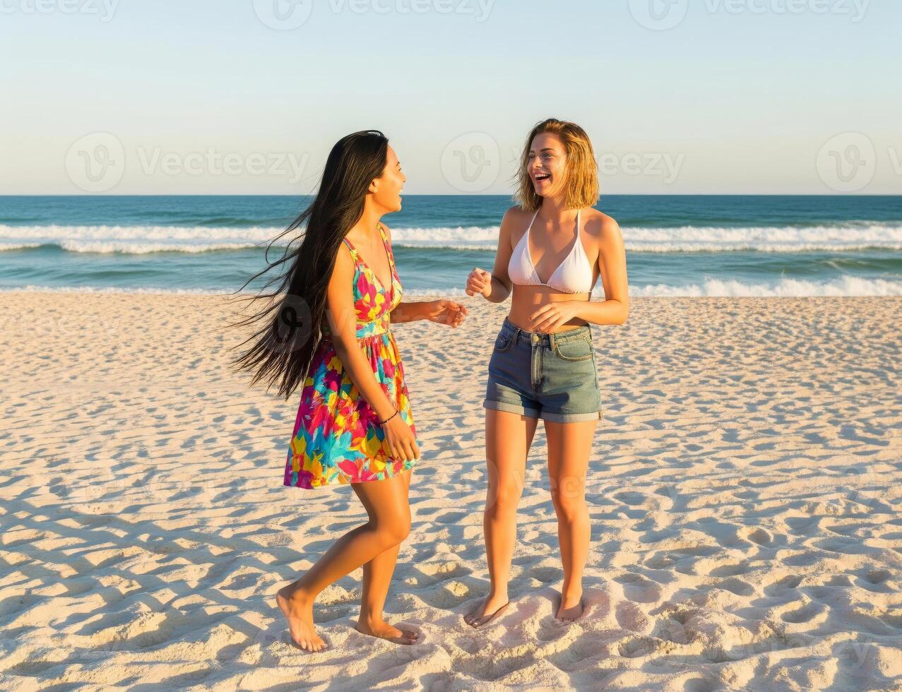 Two happy young women are enjoying a sunny day at the beach, laughing and interacting with each other. photo