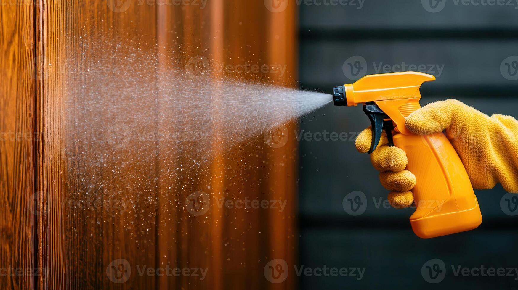Gloved hand disinfecting sanitizing solution, wooden spraying surface with thorough cleaning technique for optimal hygiene protection photo