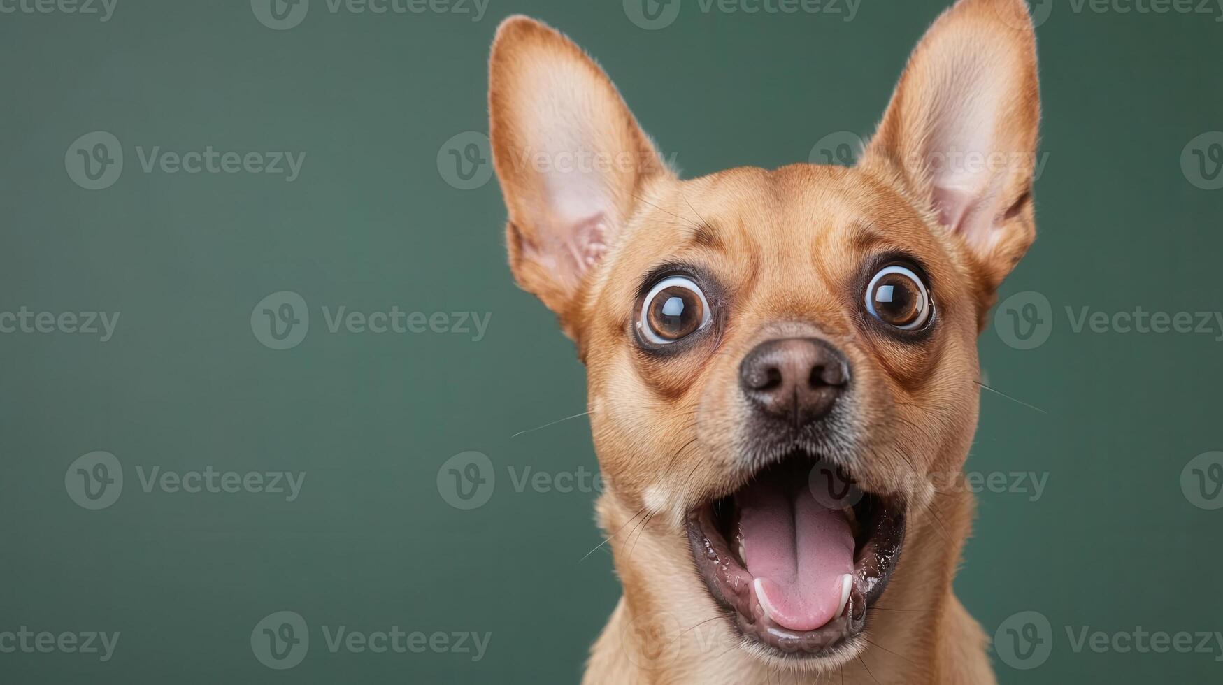 Studio shot and a surprised black dog against a gray background, of wide open, showing tongue mouth big eyes photo